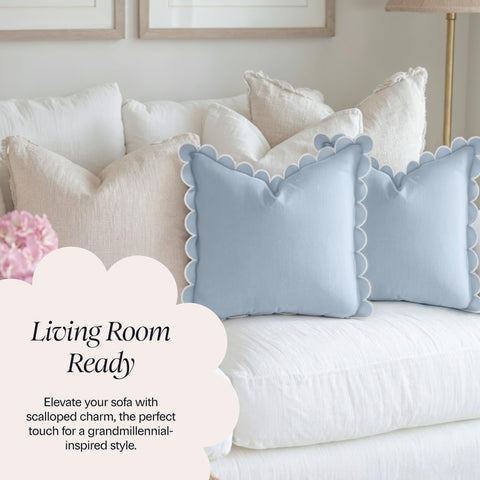 Bebe Bask sofa with blue scalloped cover adds subtle texture