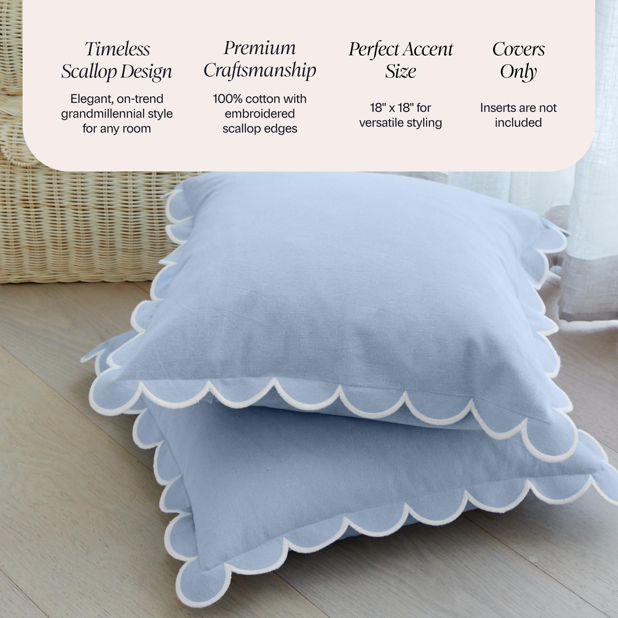 Bebe Bask white embroidered scallops on blue pillow cover for refined detail