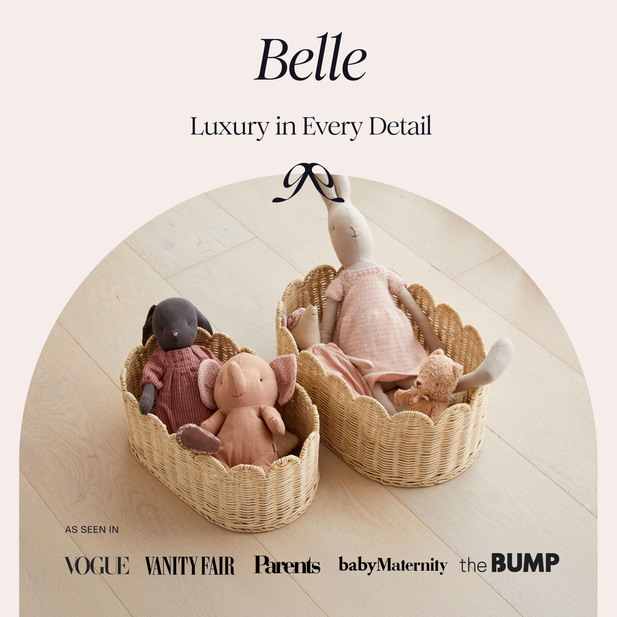 BEBE BASK large scalloped basket shows natural rattan texture