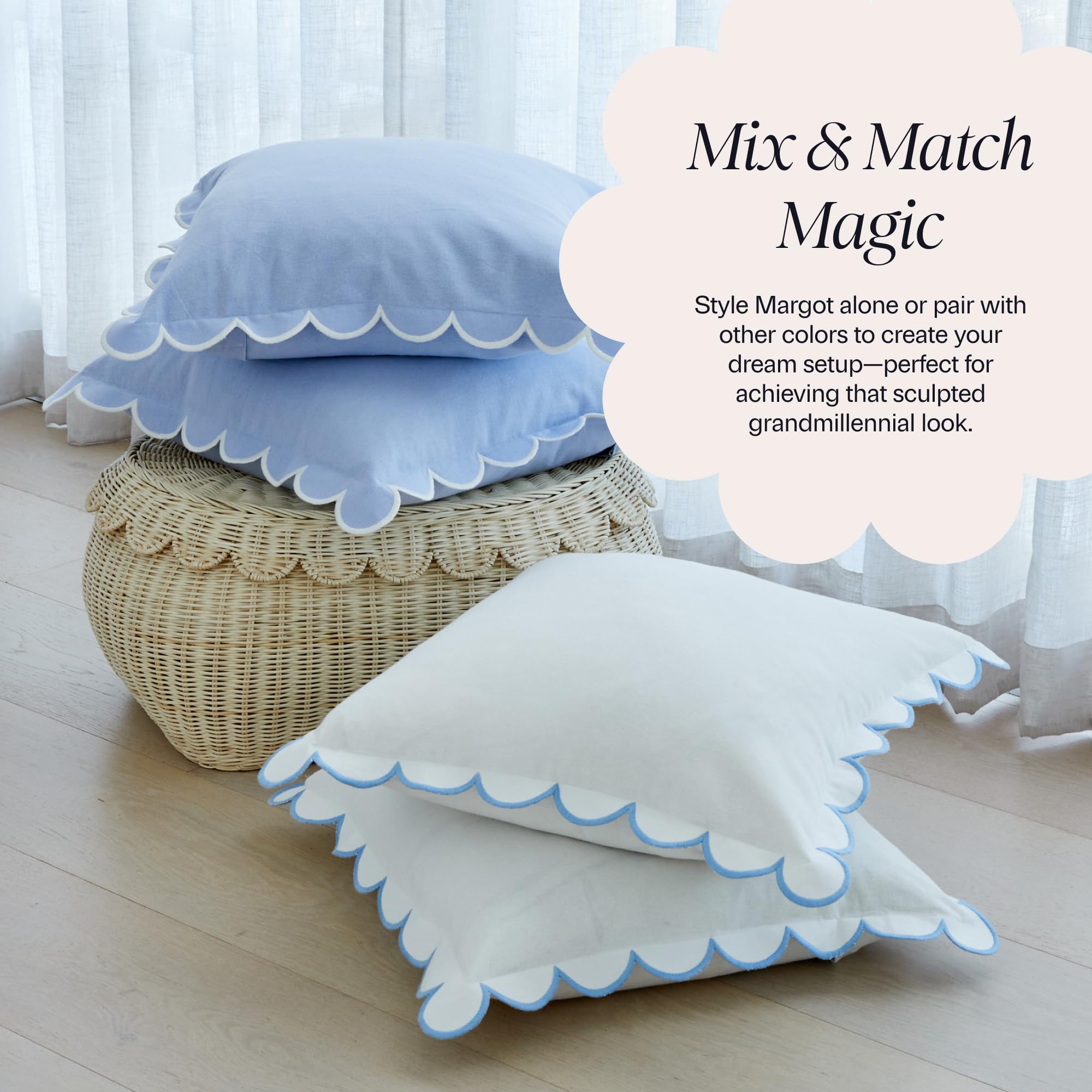 Machine washable BEBE BASK scalloped pillow cover for quick refresh.