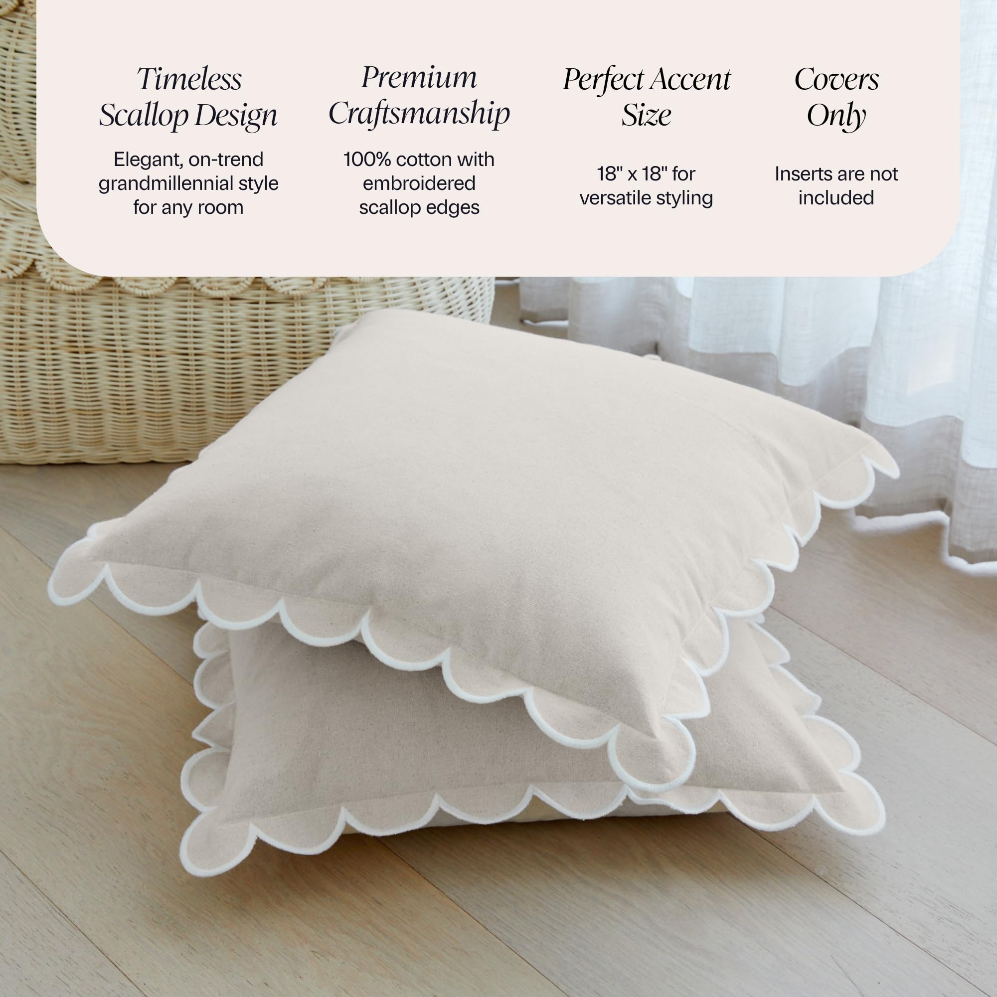 BEBE BASK Margot scalloped pillow cover in beige for versatile neutral decor.
