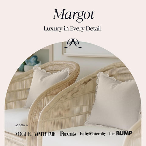 BEBE BASK Margot scalloped pillow cover with white edge adds crisp contrast to bedrooms.