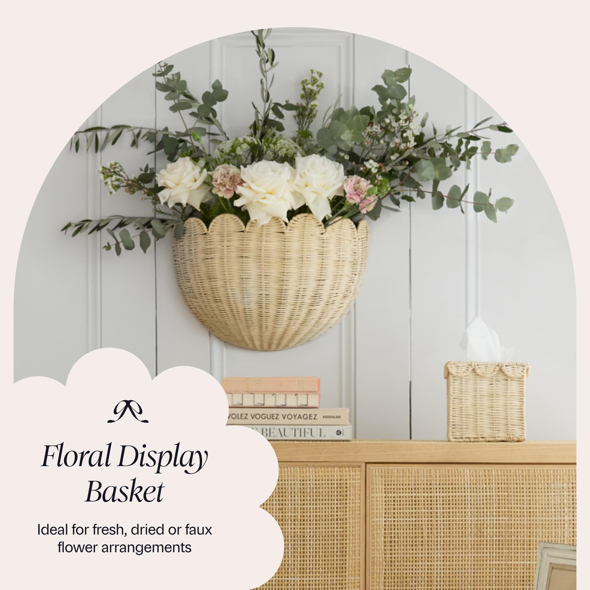 BEBE BASK nursery wall display with baskets adds organized charm.