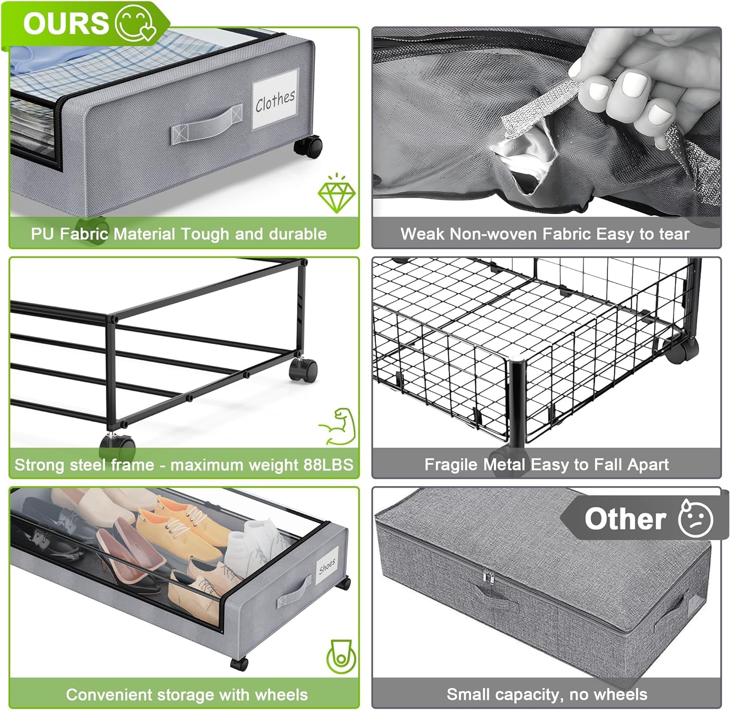 Beborxue rolling under-bed storage featuring a clear top window for quick item IDs.