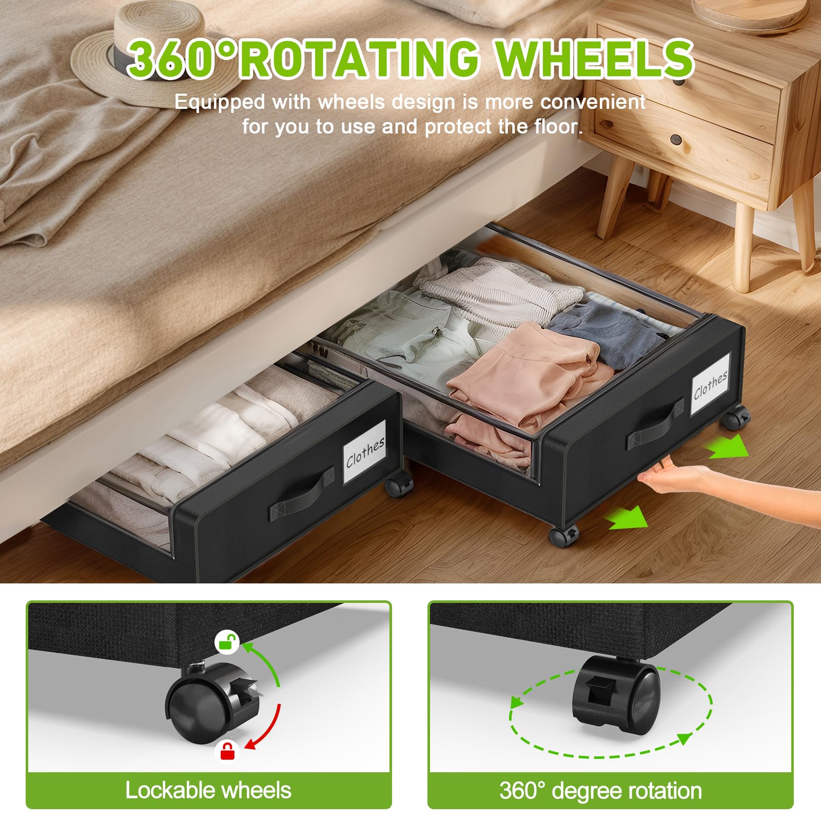 Four 360-degree wheels glide quietly across floors and carpets