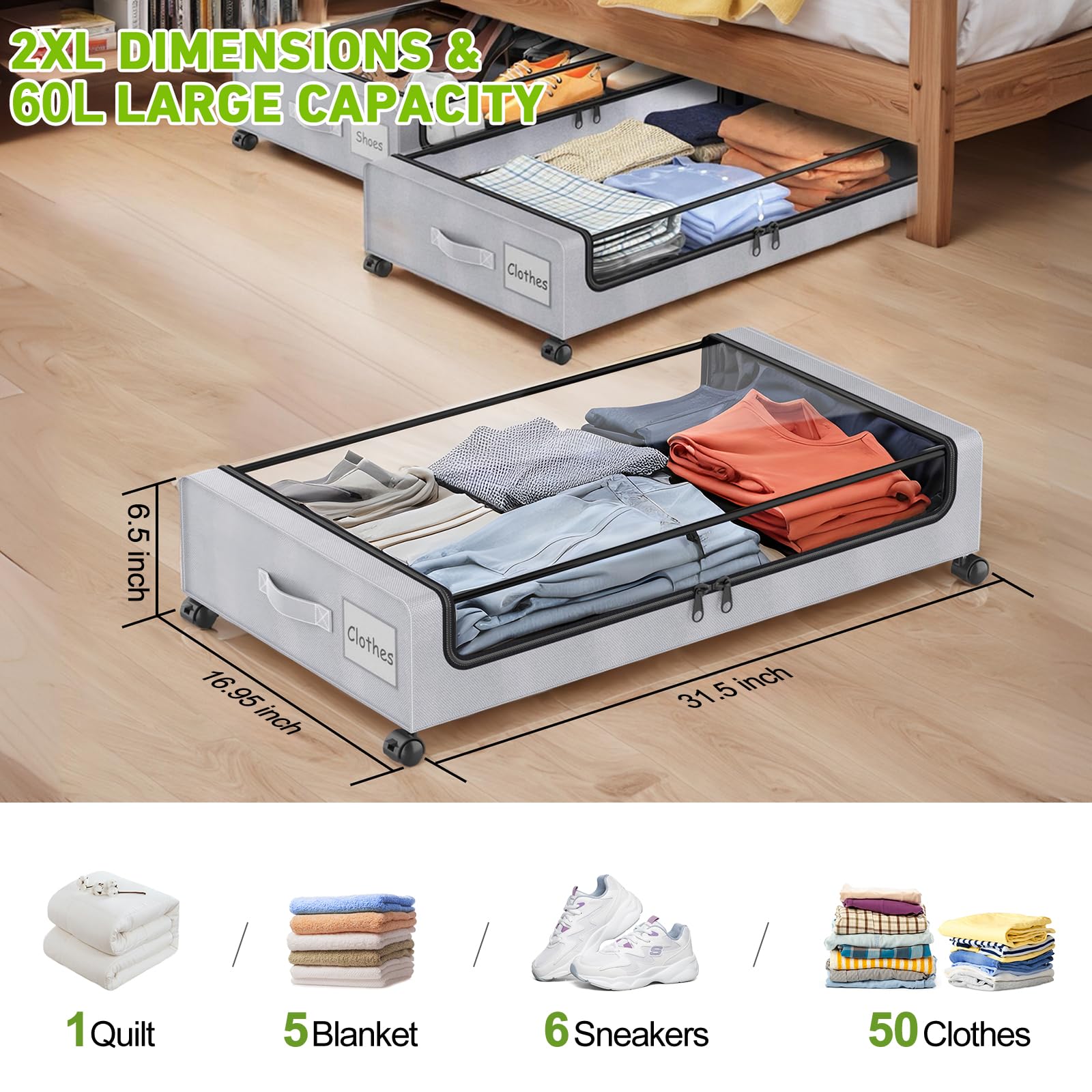 Beborxue XXL 60L under-bed bins for seasonal clothes and blankets.