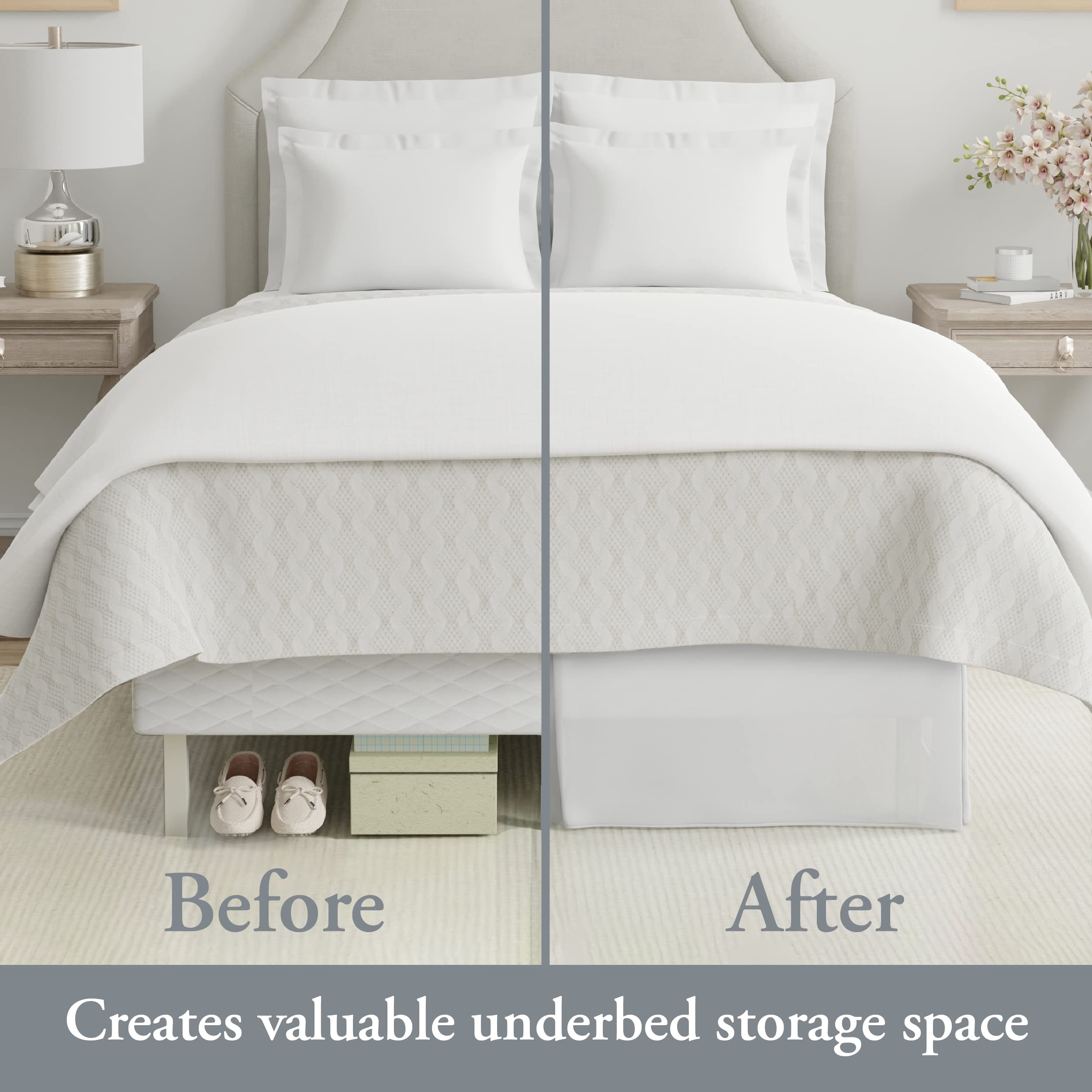 Bed Maker’s Never Lift Bedskirt offers full box spring coverage and under-bed storage space.