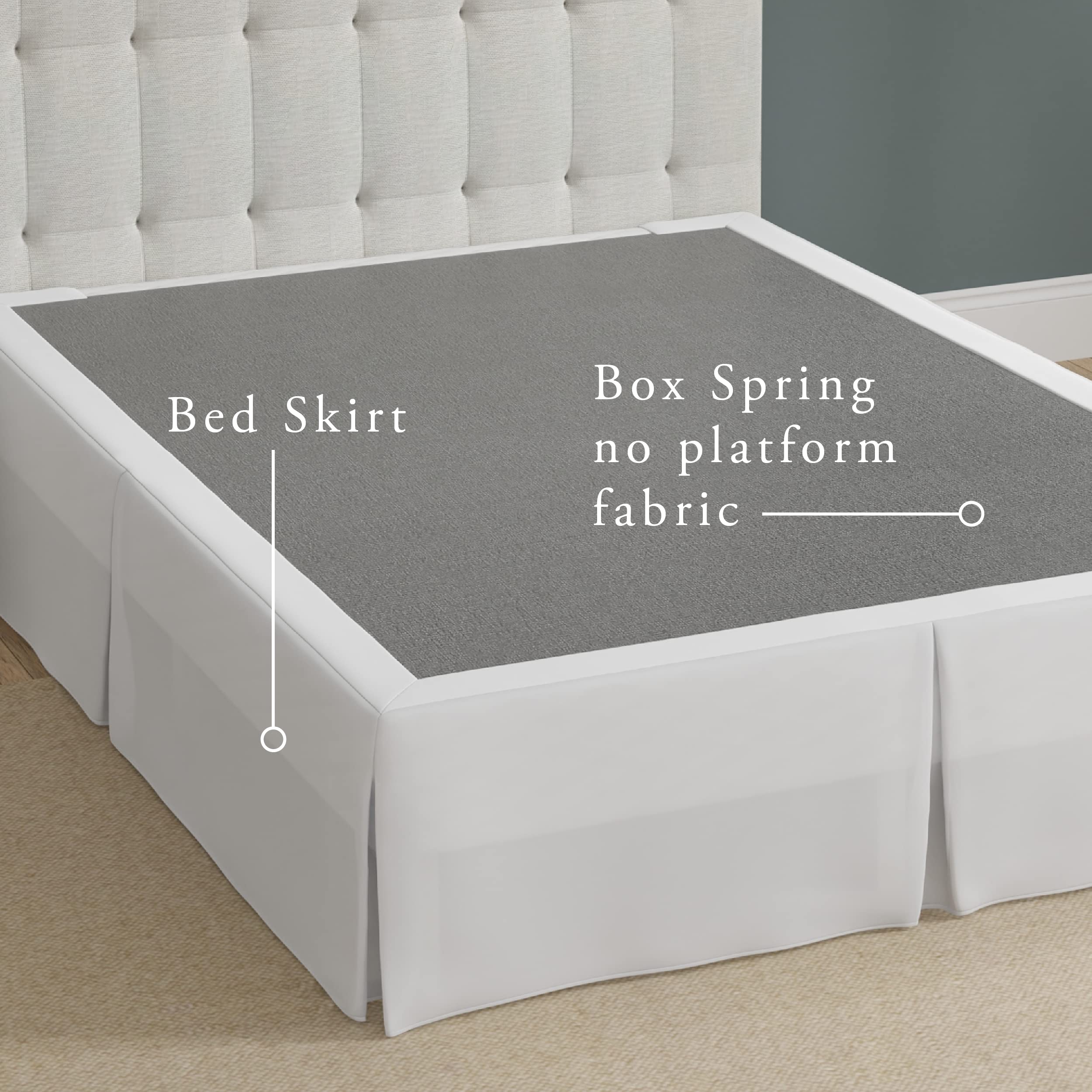 Bed Maker’s Never Lift Bedskirt split corners accommodate footboards for a clean edge.