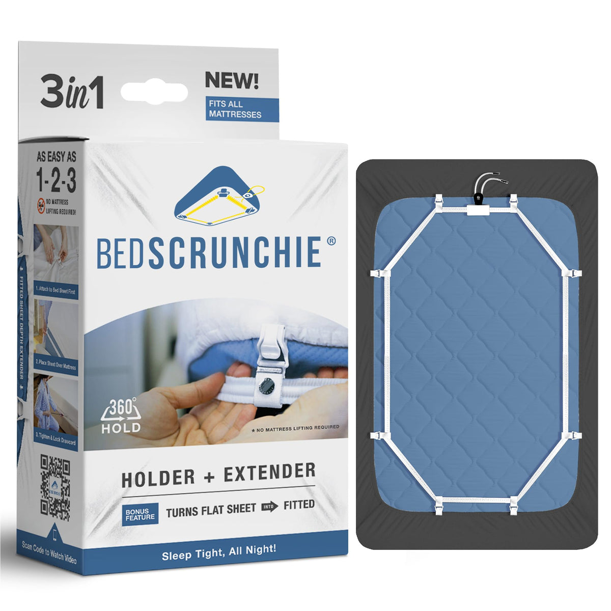 BED SCRUNCHIE 360-degree sheet holder keeps sheets taut across the bed for calmer sleep