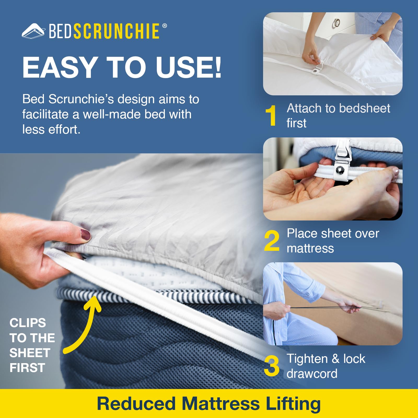 BED SCRUNCHIE durable clip and parachute cord provide lasting grip on any sheet