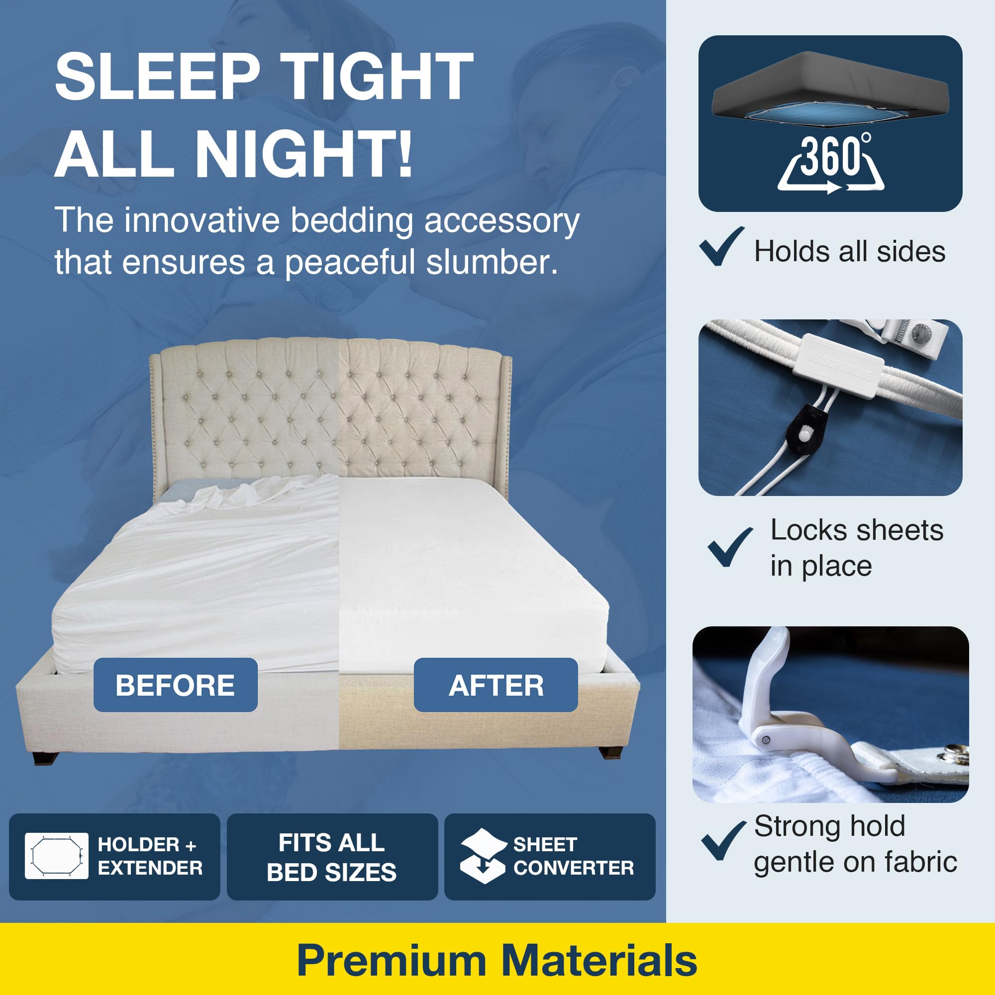 BED SCRUNCHIE universal fit for all mattress types maintains secure bedding overnight