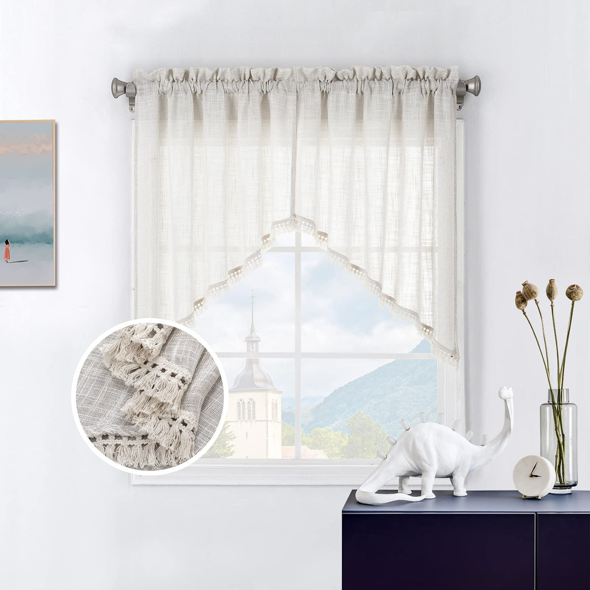 Beda Home tassel linen swag curtain nature color softly diffuses light for privacy