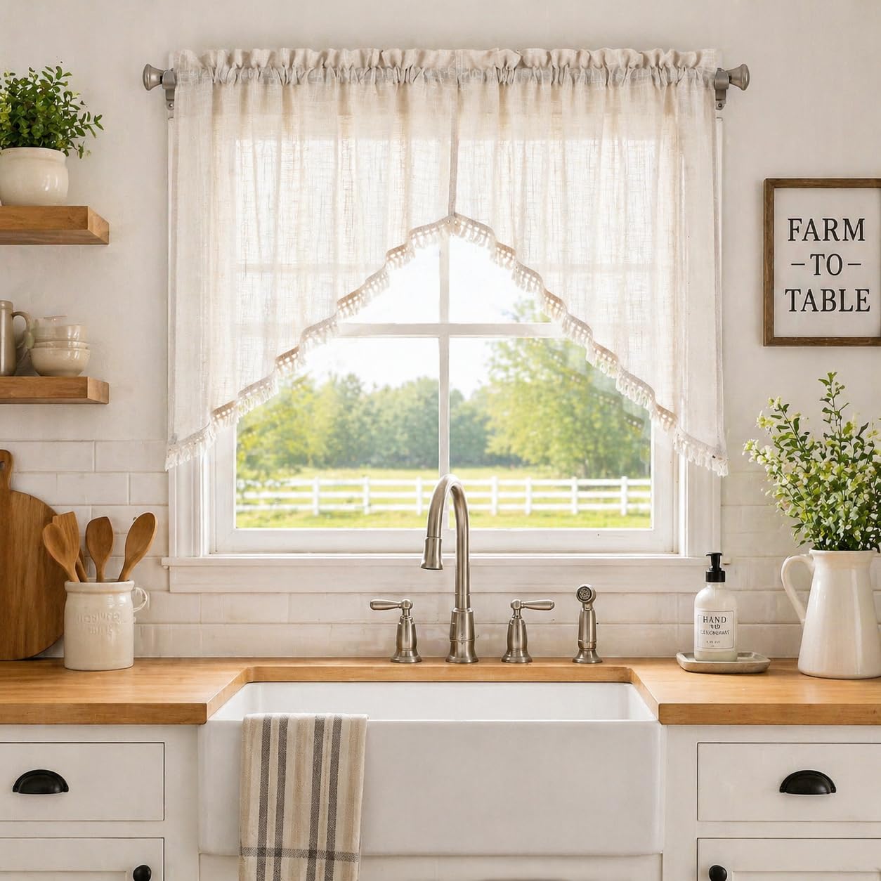 Beda Home swag curtain nature color filters sunlight while keeping view airy