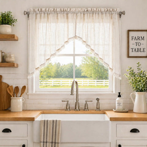Beda Home swag curtain nature color filters sunlight while keeping view airy