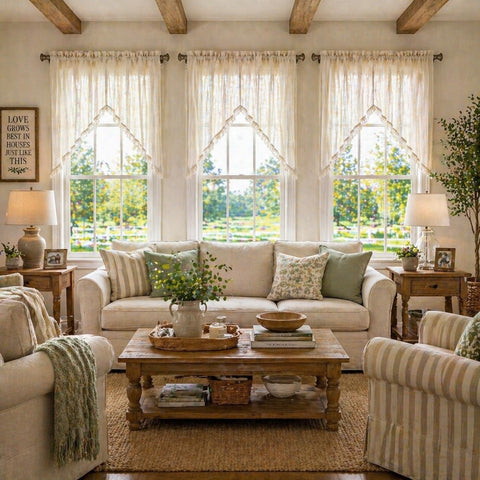 Beda Home linen swag panels enhance relaxed windowscape in living spaces
