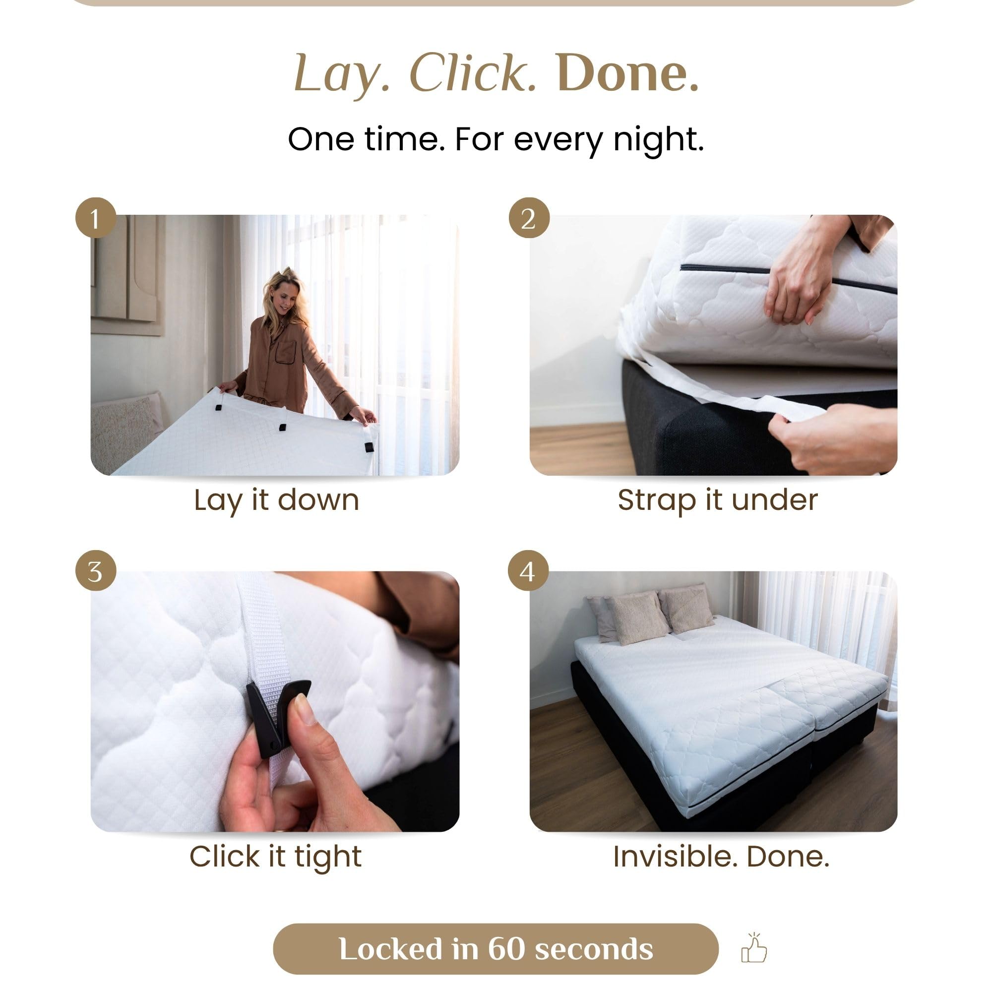 Bedbinder Deluxe Easy Clip Installation image secures bed in minutes.