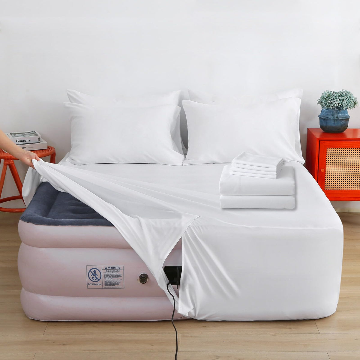 Bedecor air mattress sheet set with adjustable opening for easy inflation.