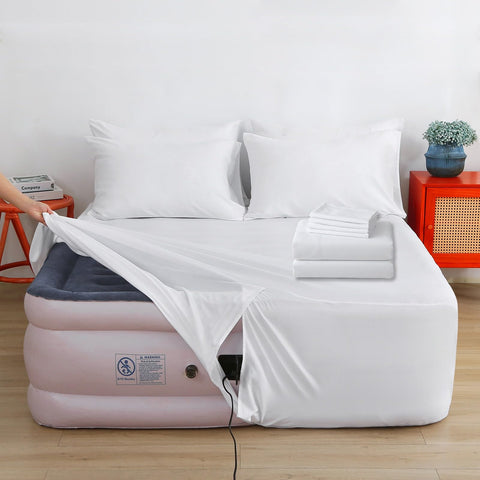 Bedecor air mattress sheet set with adjustable opening for easy inflation.
