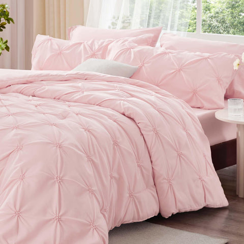 BEDELITE Baby Pink Queen Comforter Set fabric close-up highlighting soft breathable texture