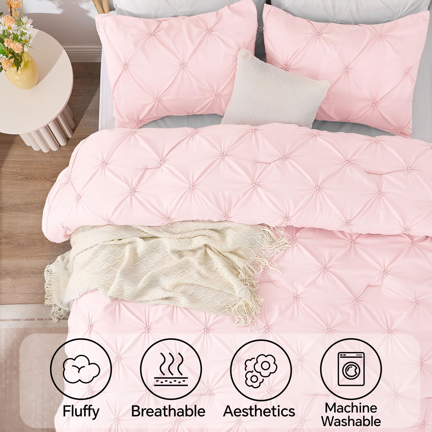 BEDELITE Baby Pink Queen Comforter Set pinch-pleat design adds elegant texture