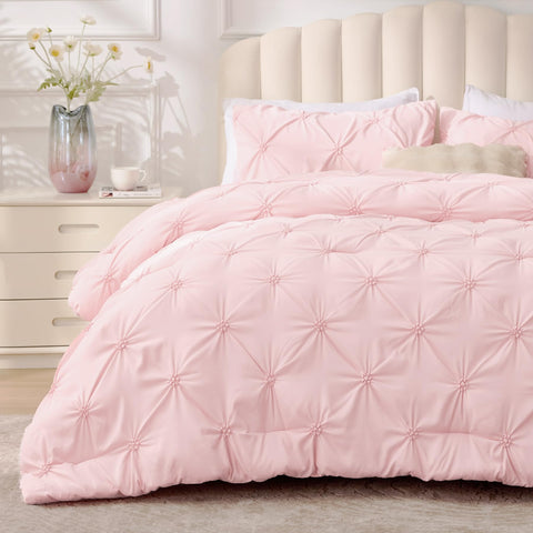 BEDELITE Baby Pink Queen Comforter Set front view showing floral design for a cozy bedroom ambiance