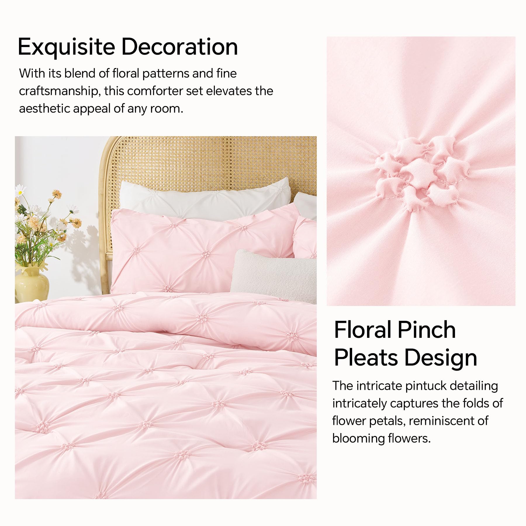 BEDELITE Baby Pink Queen Comforter Set stitching detail demonstrates durable, even seams