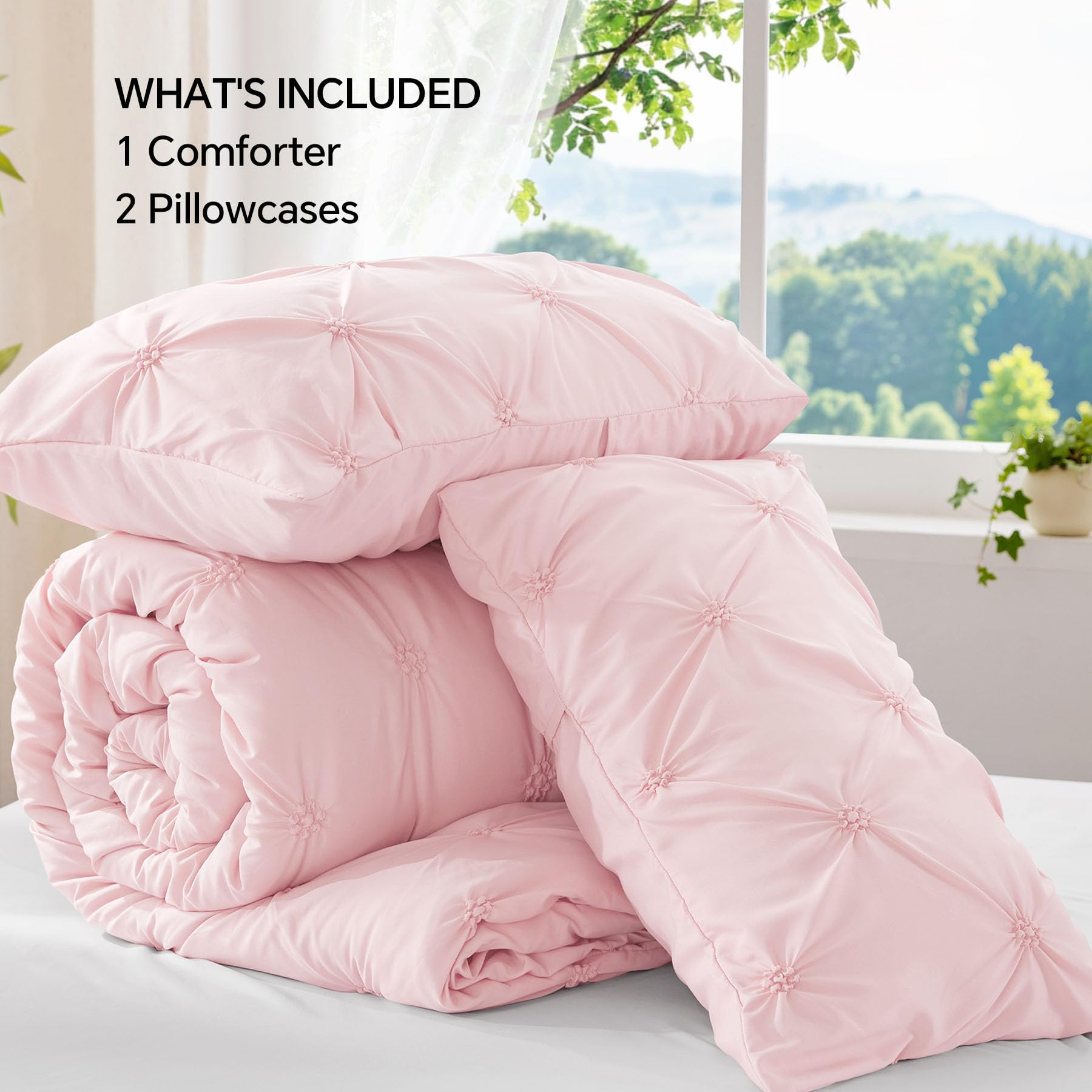BEDELITE Baby Pink Queen Comforter Set vacuum-packed packaging indicating compact shipping