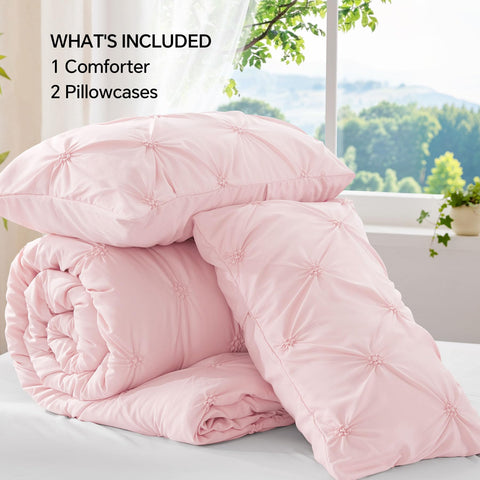 BEDELITE Baby Pink Queen Comforter Set vacuum-packed packaging indicating compact shipping