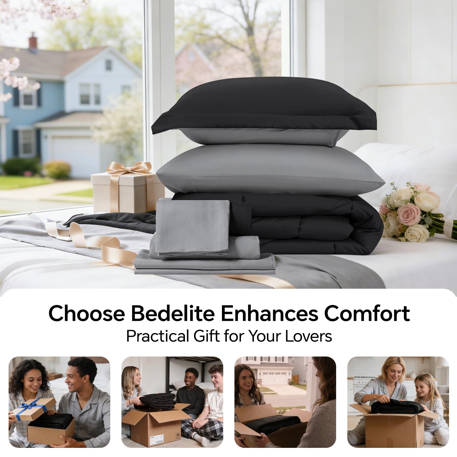BEDELITE bed-in-a-bag contents show a complete 7-piece set.