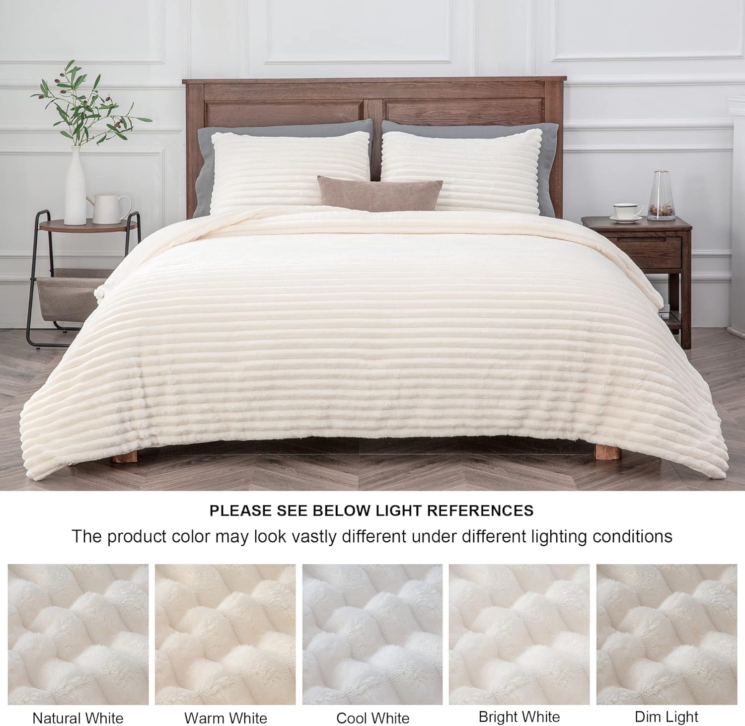 BEDELITE bedroom setup shows plush cream-white bedding