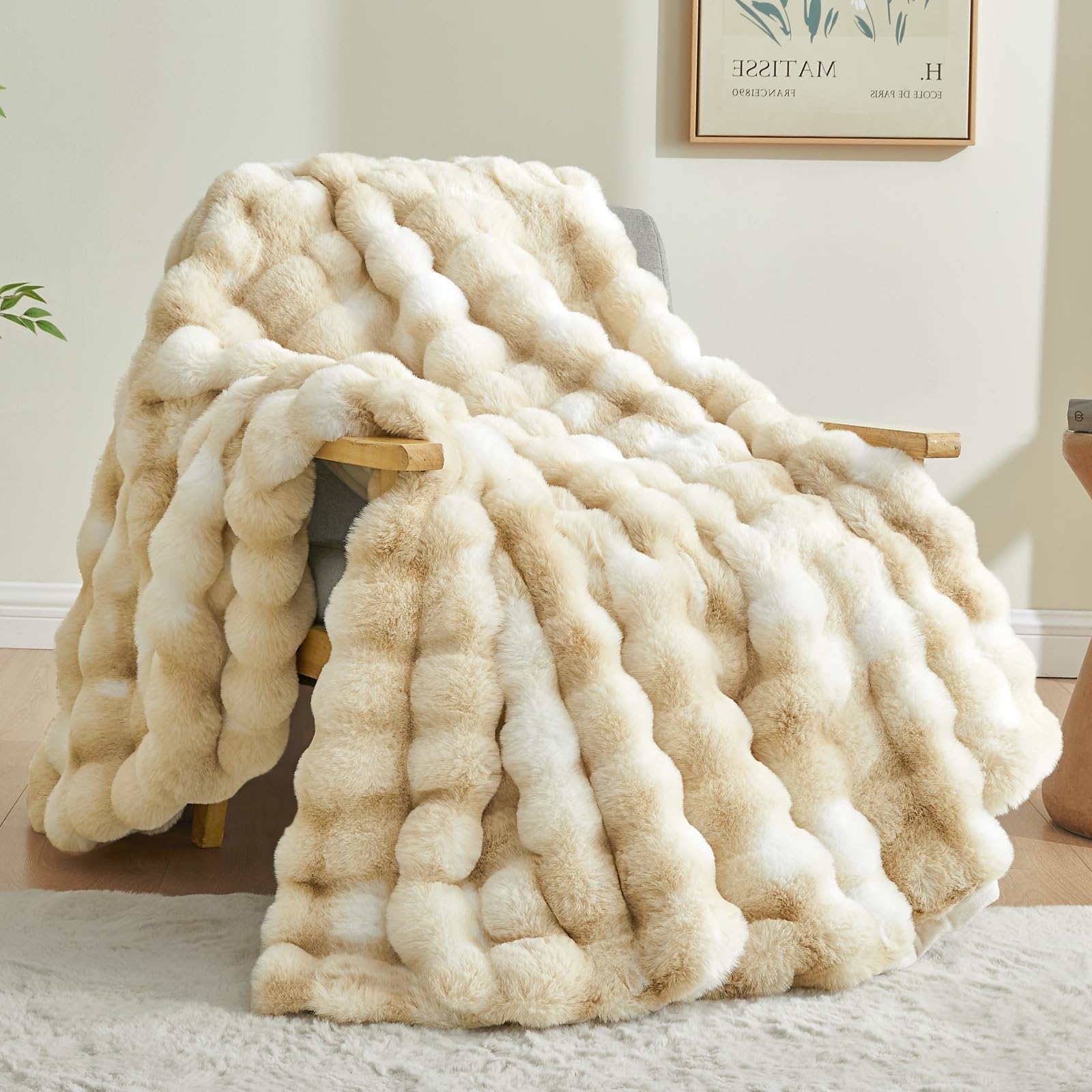 BEDELITE faux fur throw with tie-dye khaki adds cozy color to any couch.