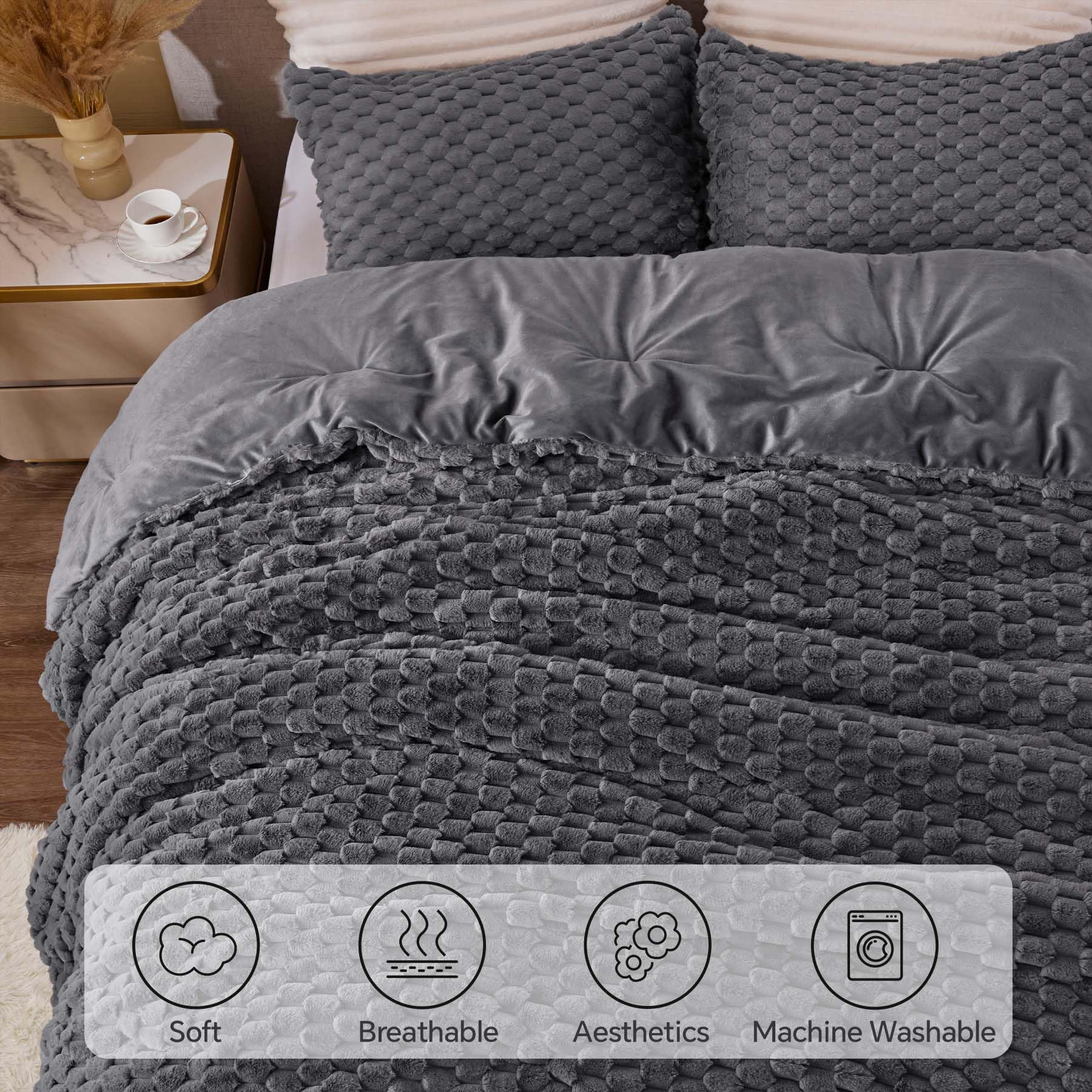 BEDELITE grey king-size bed setup with comforter for a plush winter look
