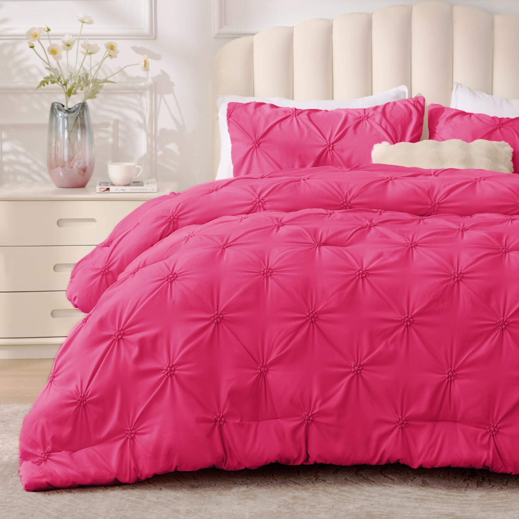 BEDELITE hot pink queen comforter with bloom design adds vibrant centerpiece and warmth