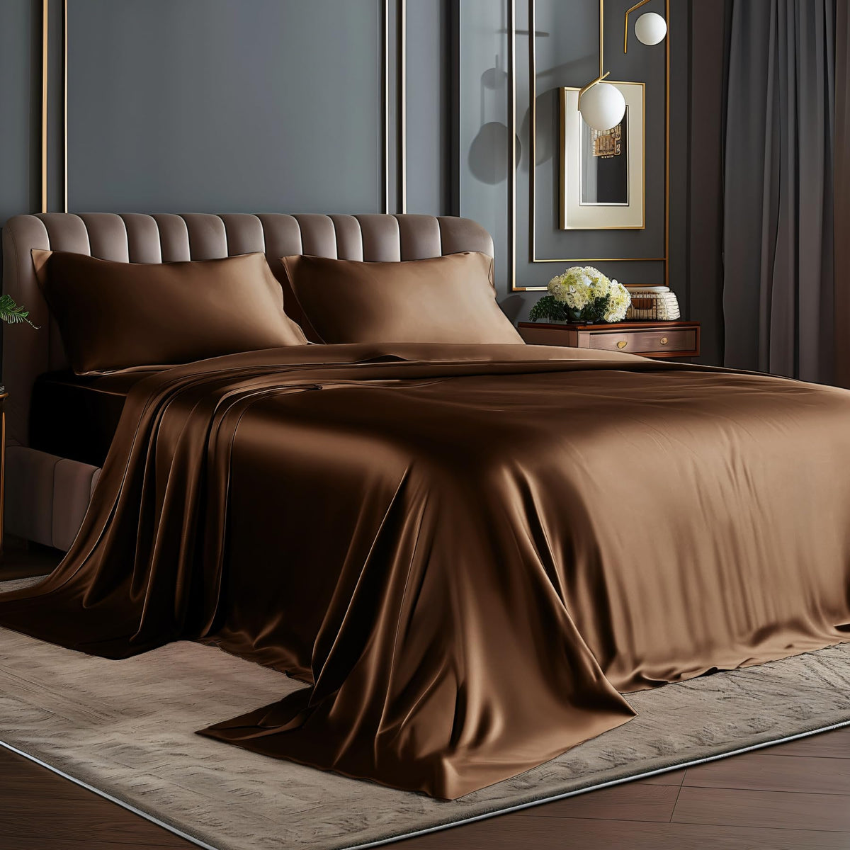 BEDELITE king size satin sheets close-up showing luxurious brown texture for a premium feel