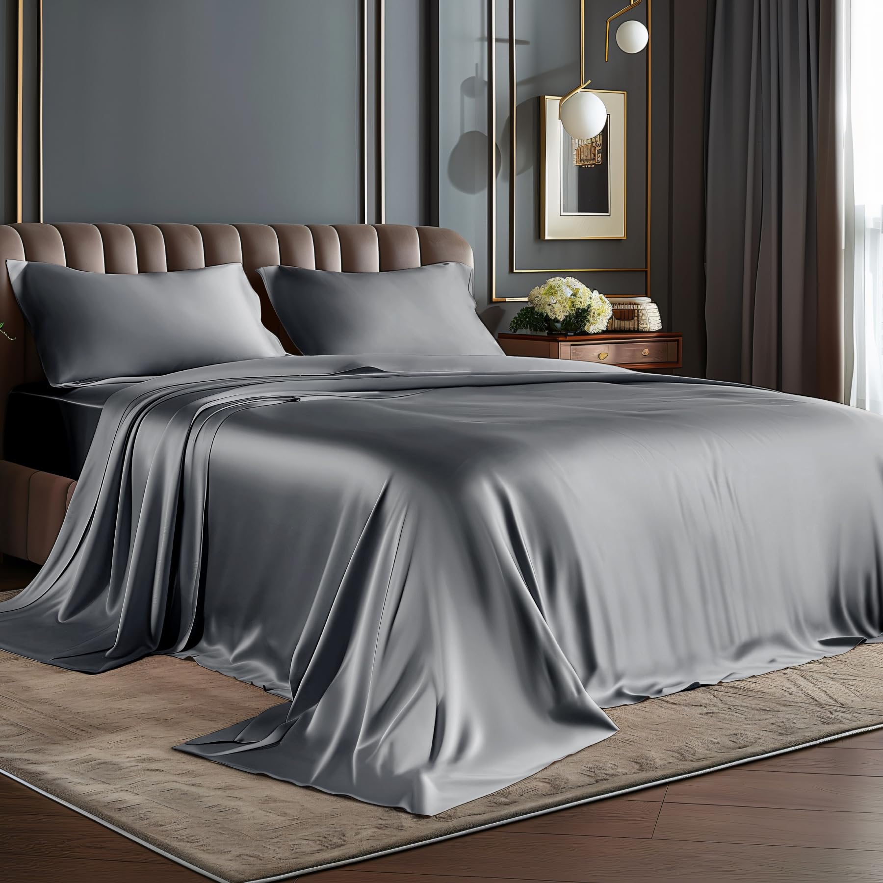 BEDELITE king-size satin sheets set dark grey front view shows luxurious fit and sheen
