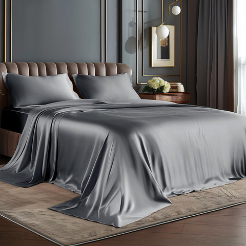 BEDELITE king-size satin sheets set dark grey front view shows luxurious fit and sheen