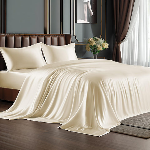 BEDELITE king-size satin sheets in beige offer luxurious comfort and skin-friendly softness.