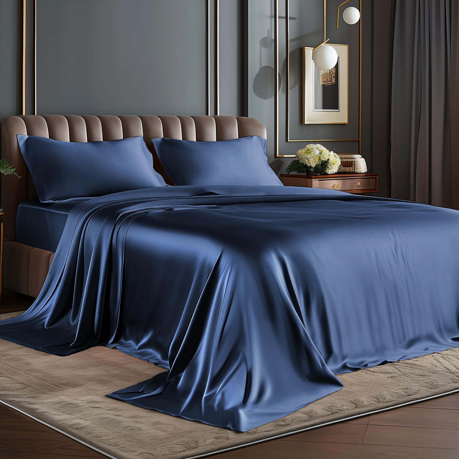 Bedelite king size navy satin sheets closeup showing silky texture for luxurious sleep