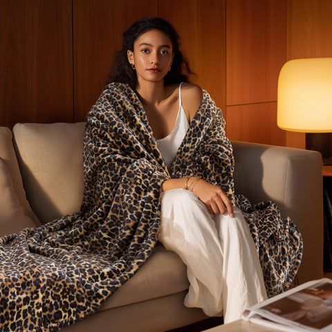 BEDELITE leopard blanket on sofa adds chic warmth to living room