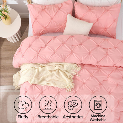 BEDELITE pink comforter full cozy bedroom ambiance with soft lighting and warmth