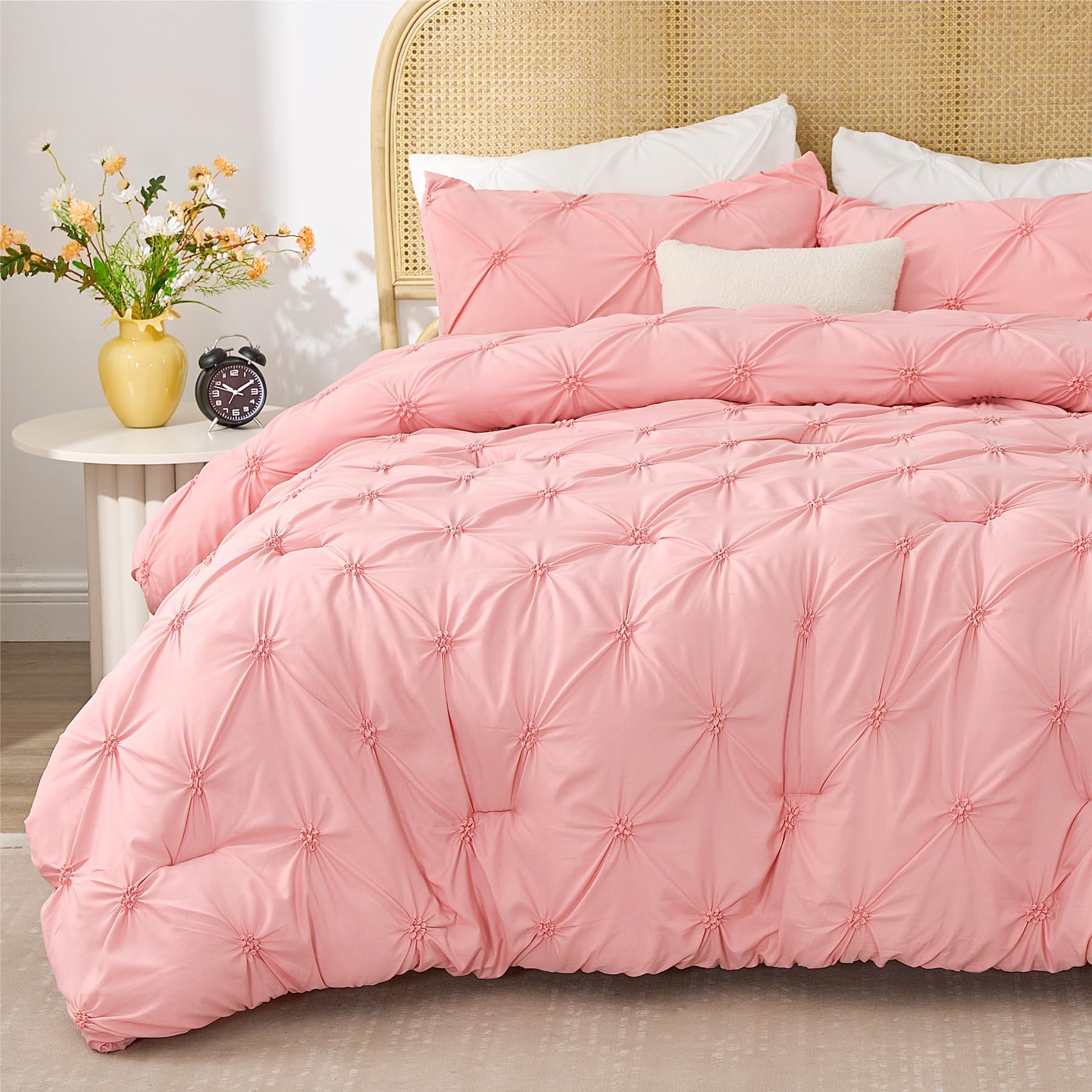 Close-up of delicate floral detail on BEDELITE Pink Queen comforter set.