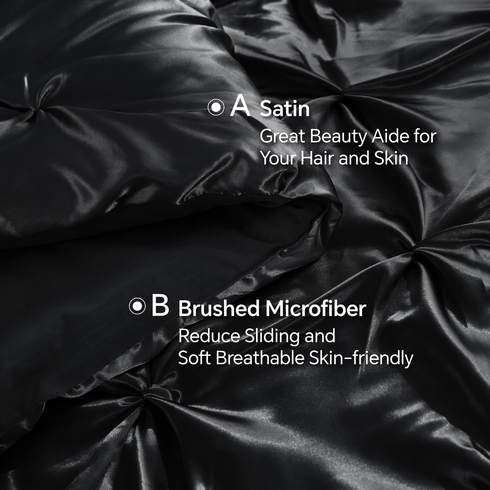 BEDELITE satin fabric image emphasizes skin-friendly nights and reduced friction