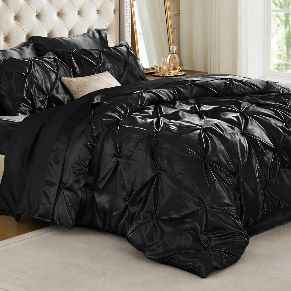 BEDELITE satin comforter set pintuck detail for an elegant bedroom look