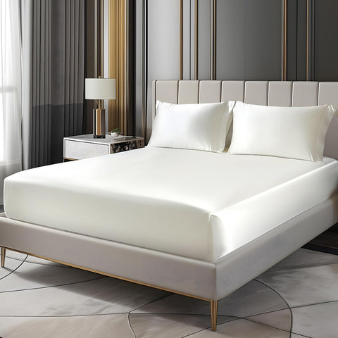 BEDELITE satin fitted sheet ivory queen close-up shows silk-like softness