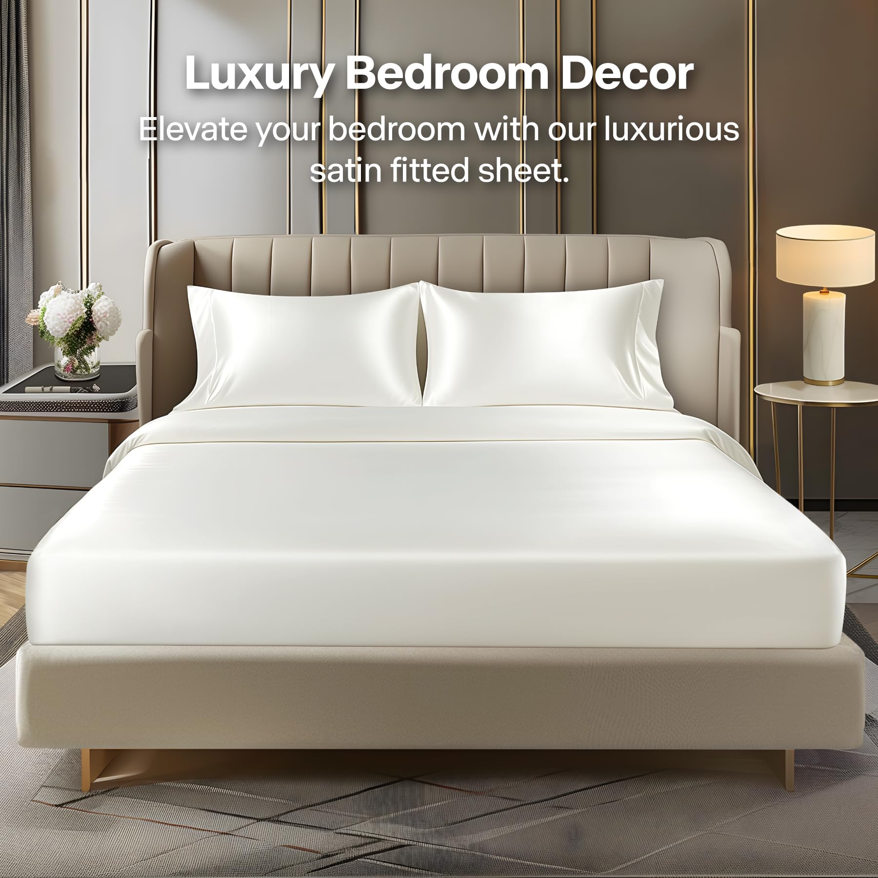 BEDELITE satin fitted sheet ivory queen on bed for smooth glide
