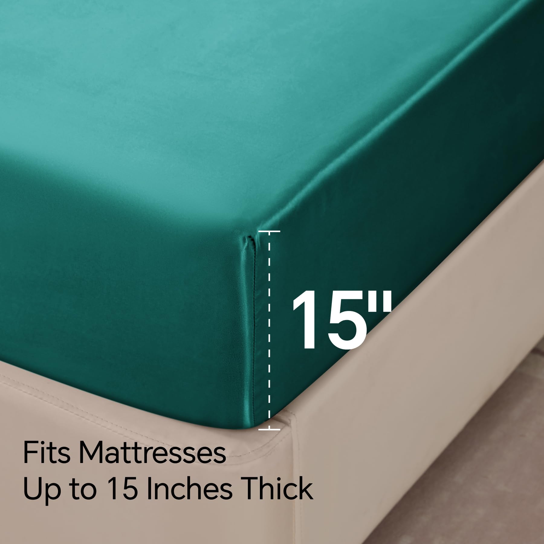 BEDELITE satin sheets in a teal bedroom setup for elegant decor