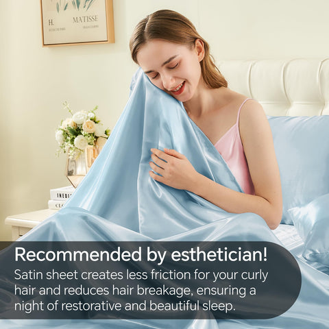 BEDELITE satin sheets in a light blue room elevate modern bedroom decor.