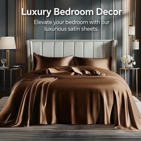 BEDELITE satin sheets queen bed in rich brown color highlighting drape and luxury.