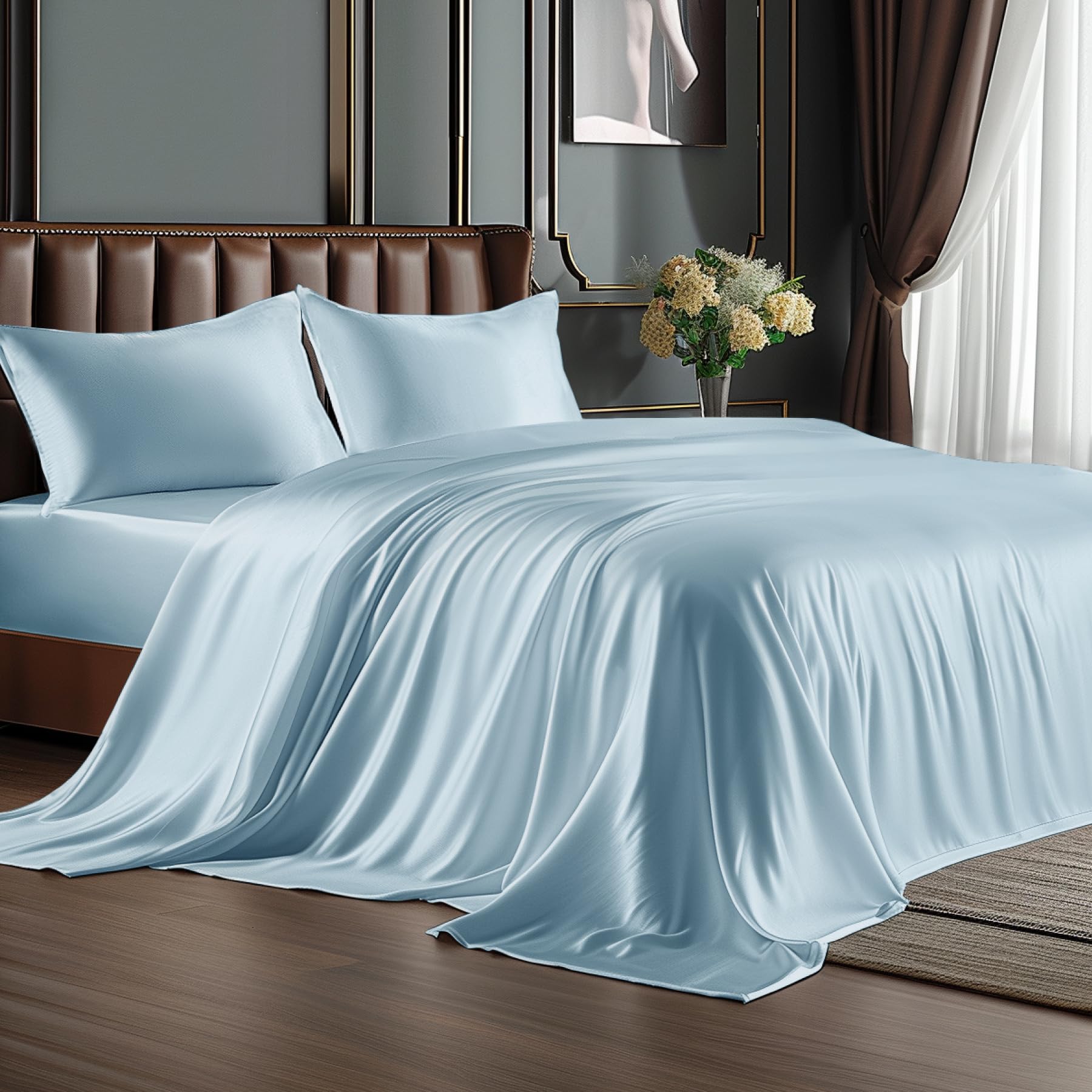 BEDELITE satin sheets on a queen bed showcase luxe comfort and silky touch.