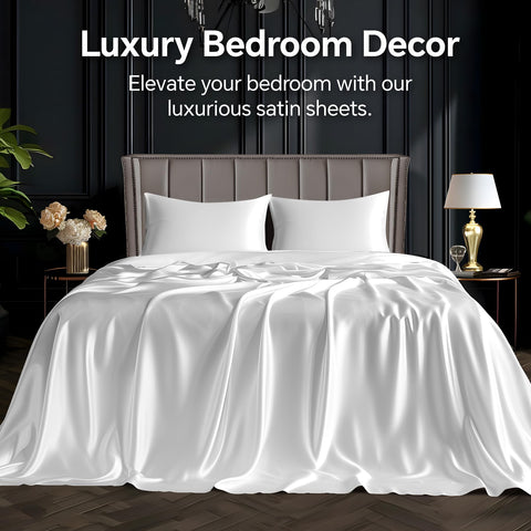 BEDELITE satin sheets queen flat sheet draped across bed for elegant bedroom look